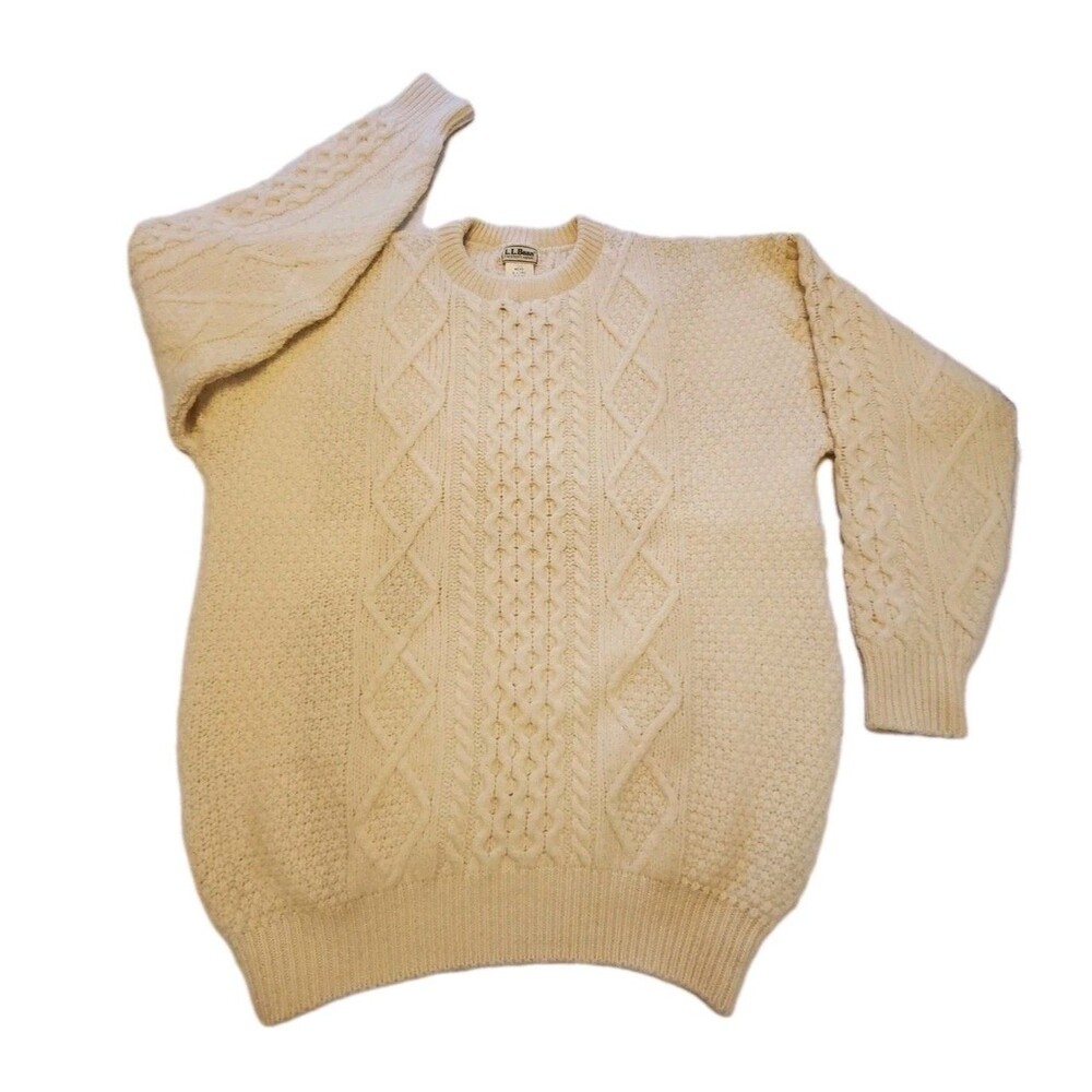 Rare Vintage LL Bean Sweater Mens Sz XL Long Ivory Fisherman Wool Cable Knit USA
